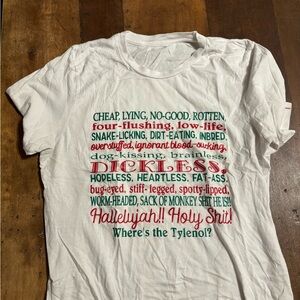 White Graphic T-Shirt with Red and Green Text